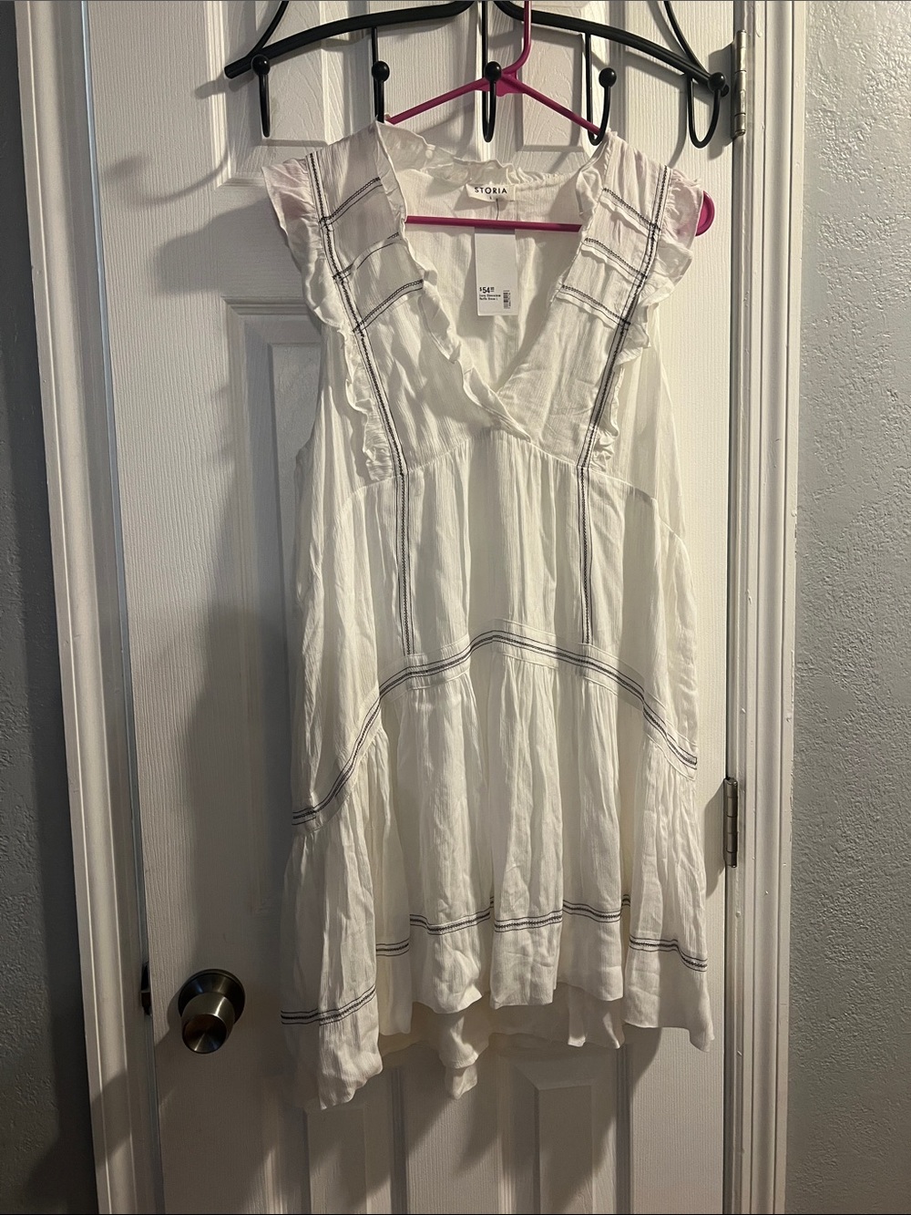 Storia White V-Neck Flutter Sleeve Tunic with Navy Trim